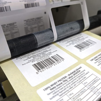 Black and white product info roll labels with barcode